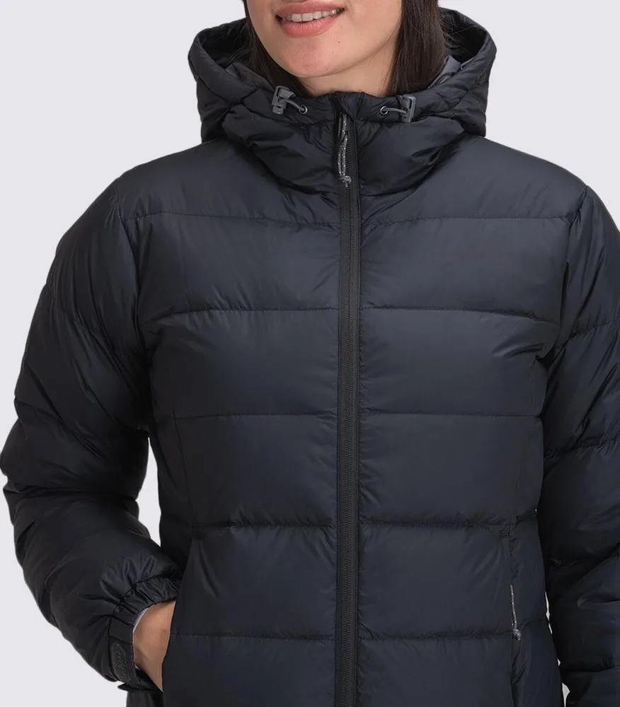 Women’s Hooded Puffer Jacket — Black — Black, upper body view, worn