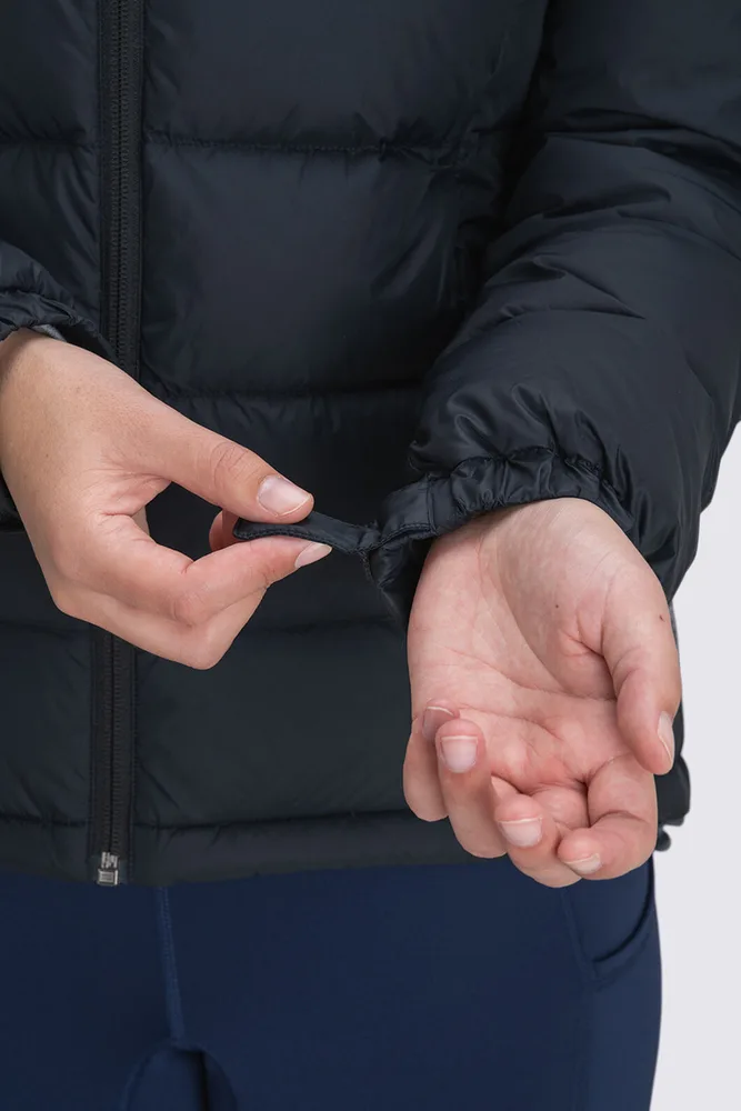 Women’s Hooded Puffer Jacket — Black — Black, cuff tab detail