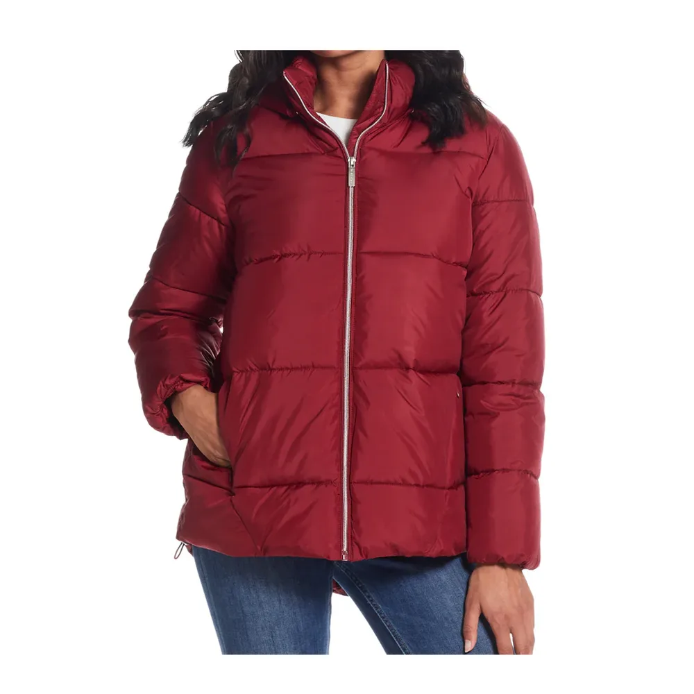 Women’s Hooded Puffer Jacket — Burgundy — Burgundy, front view, worn