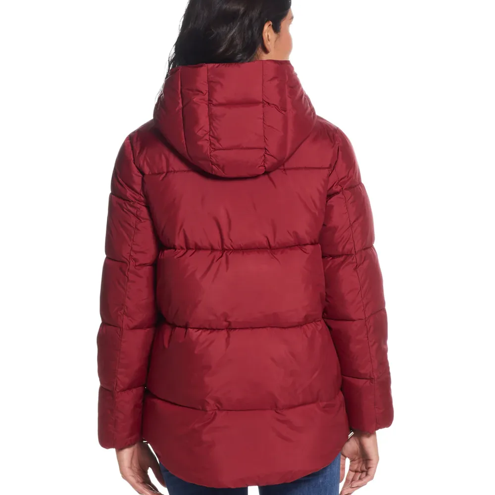 Women’s Hooded Puffer Jacket — Burgundy — Burgundy, back view with hood, worn