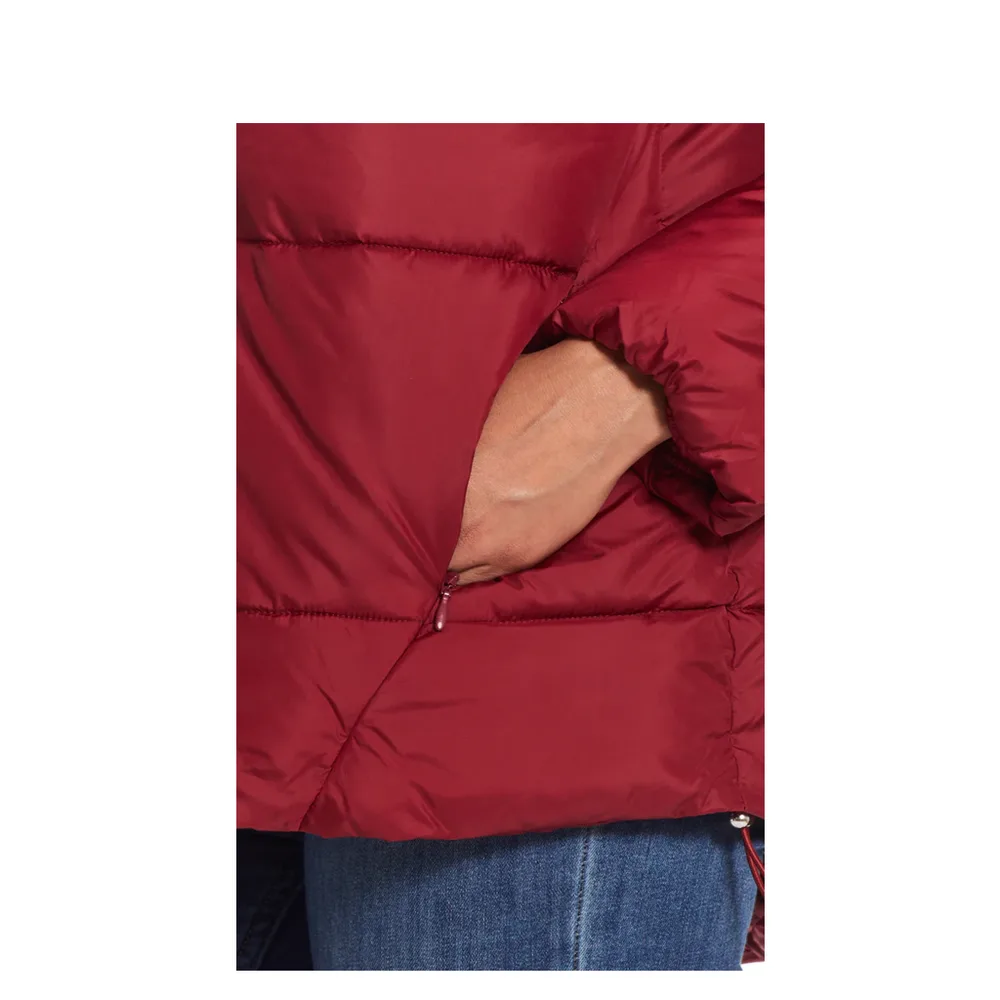 Women’s Hooded Puffer Jacket — Burgundy — Burgundy, pocket detail, worn