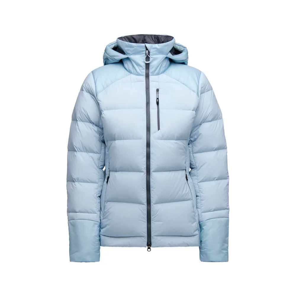 Women’s Hooded Puffer Jacket — Fog Blue, Black & Orange Red — Fog Blue, front view