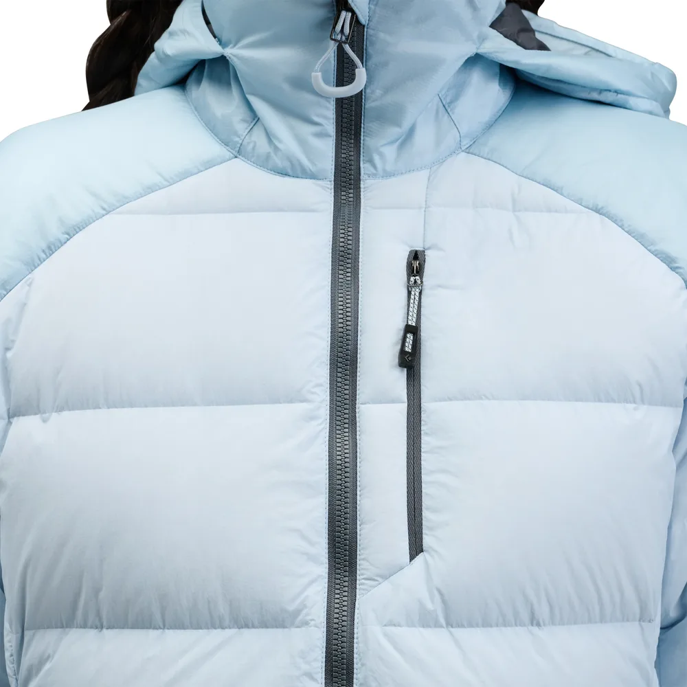 Women’s Hooded Puffer Jacket — Fog Blue, Black & Orange Red — Fog Blue, collar and chest pocket detail