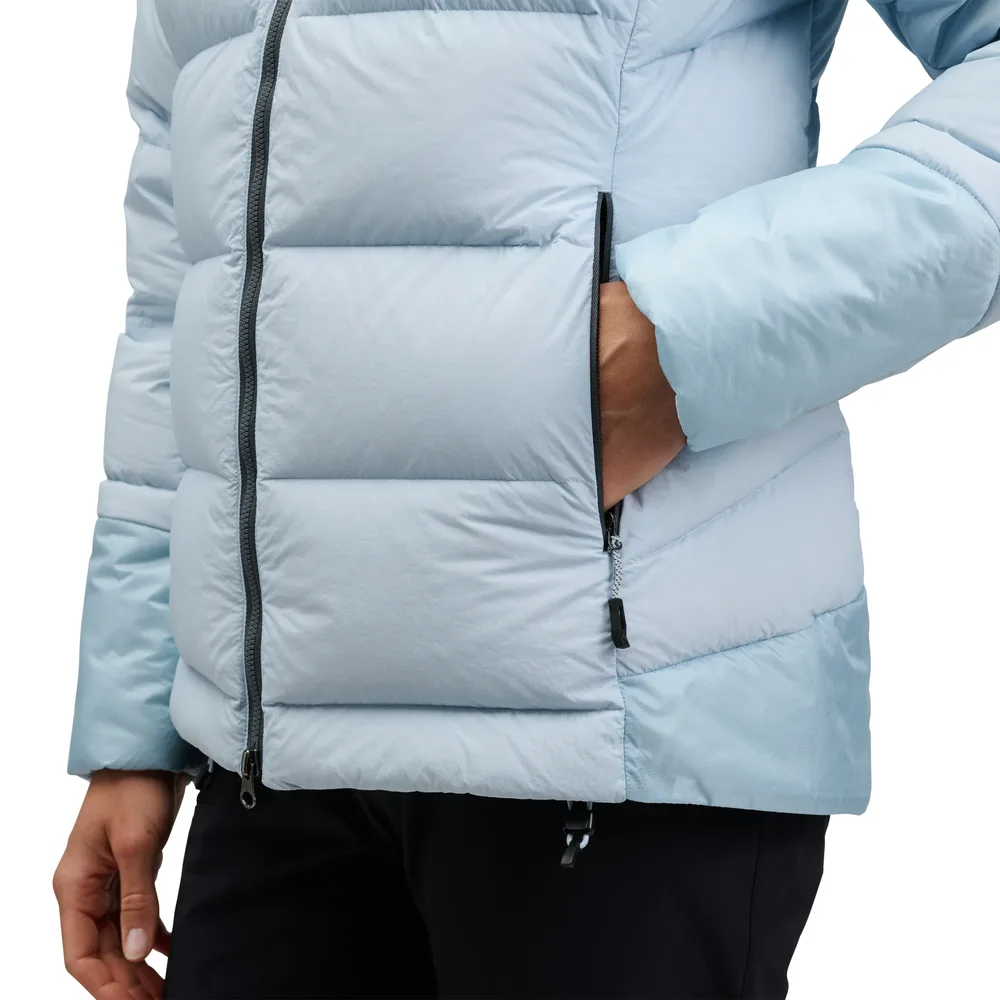 Women’s Hooded Puffer Jacket — Fog Blue, Black & Orange Red — Fog Blue, side view, worn