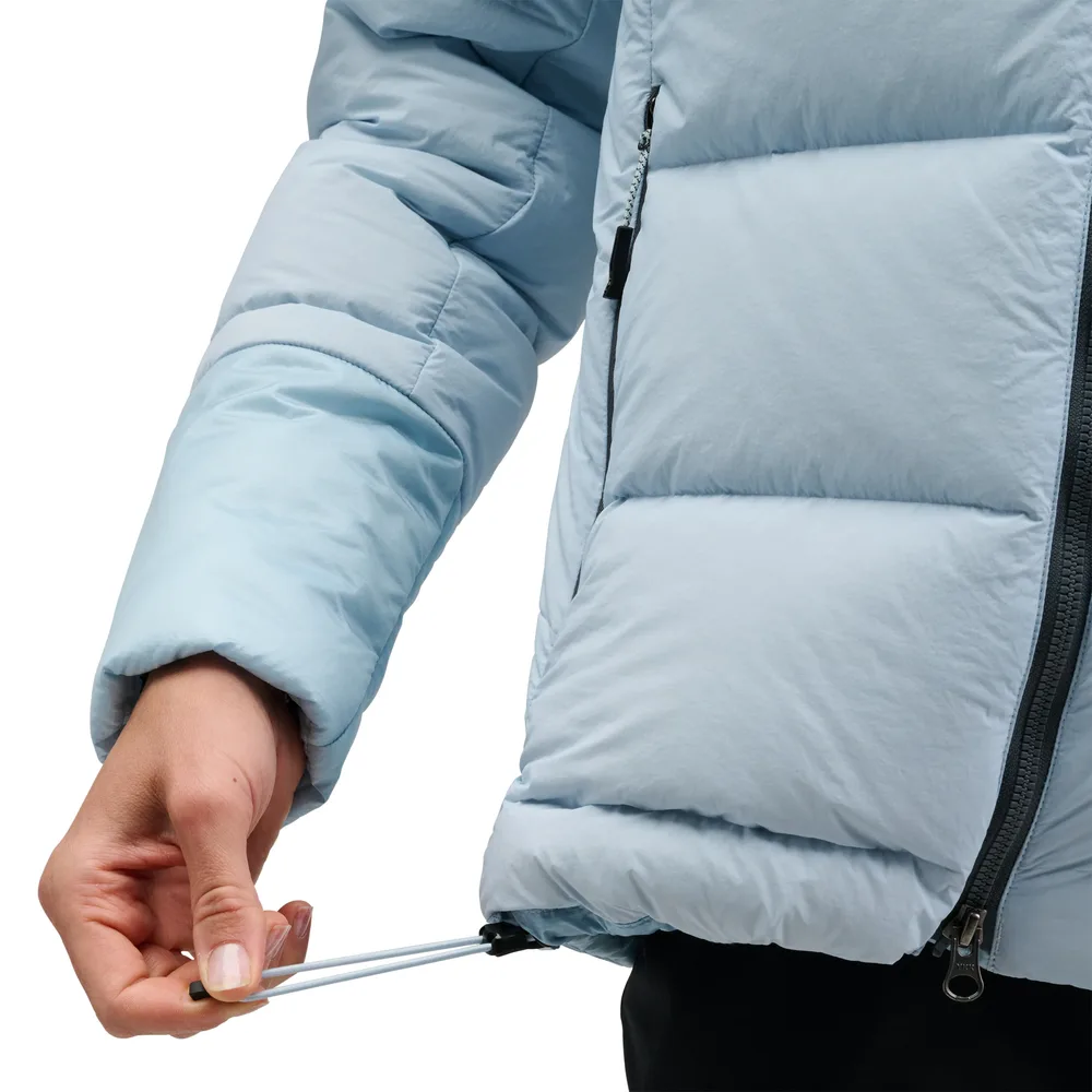 Women’s Hooded Puffer Jacket — Fog Blue, Black & Orange Red — Fog Blue, hem drawcord detail