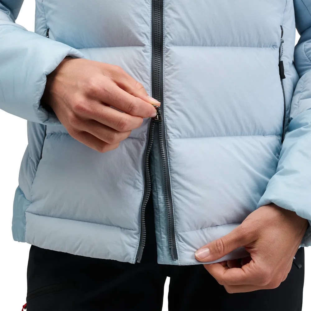 Women’s Hooded Puffer Jacket — Fog Blue, Black & Orange Red — Fog Blue, front zipper detail