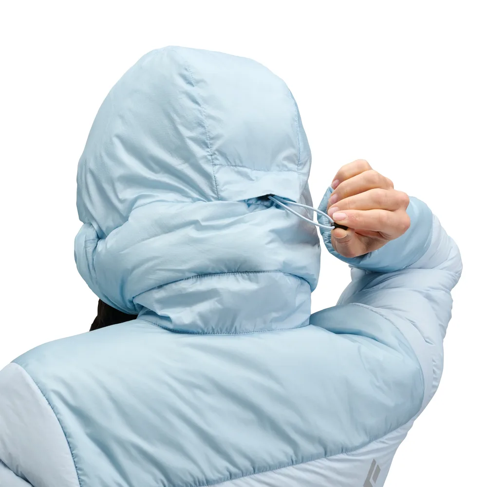 Women’s Hooded Puffer Jacket — Fog Blue, Black & Orange Red — Fog Blue, back view with hood