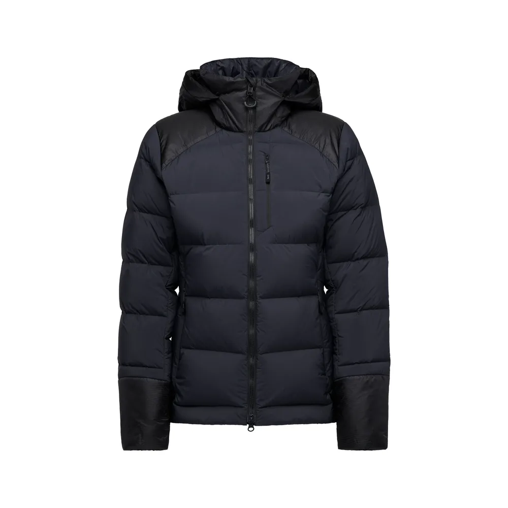 Women’s Hooded Puffer Jacket — Fog Blue, Black & Orange Red — Black, front view