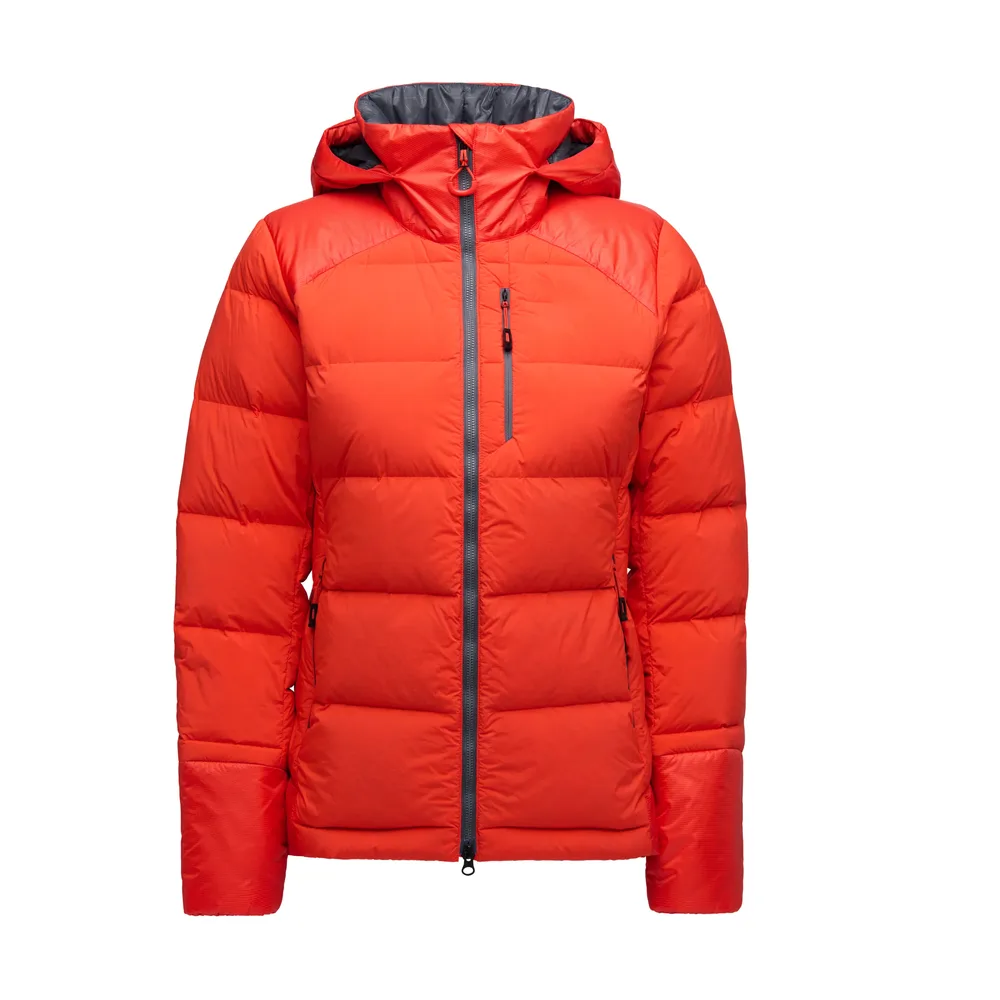 Women’s Hooded Puffer Jacket — Fog Blue, Black & Orange Red — Orange Red, front view