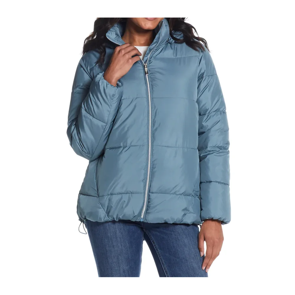 Women’s Hooded Puffer Jacket — Sky Blue — Sky Blue, front view, worn