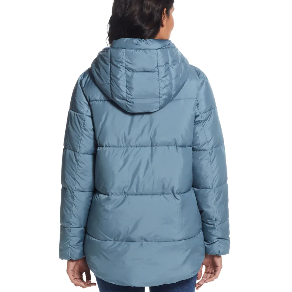 Women’s Hooded Puffer Jacket — Sky Blue — Sky Blue, back view, worn