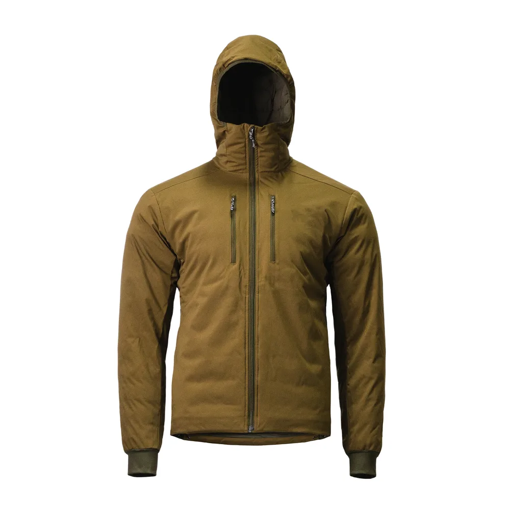 Women’s Hooded Quilted Jacket — Olive & Dark Olive — Olive/Khaki, front view, hood up
