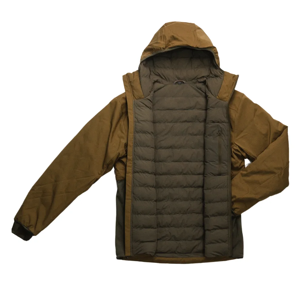 Women’s Hooded Quilted Jacket — Olive & Dark Olive — Olive/Khaki, open front showing the quilted lining