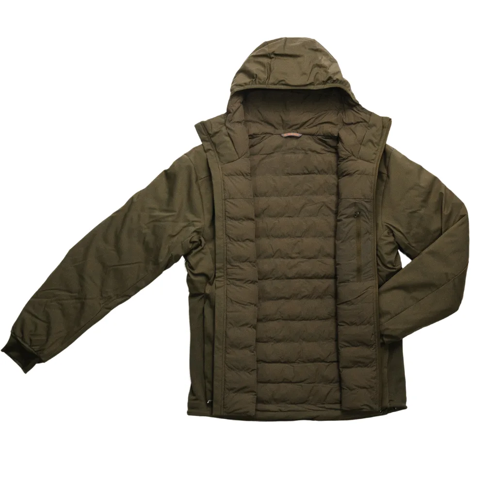 Women’s Hooded Quilted Jacket — Olive & Dark Olive — Dark Olive, open front showing the quilted lining