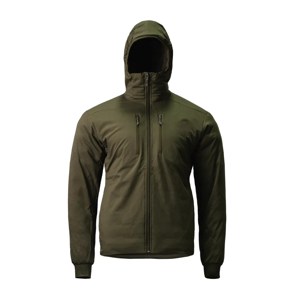 Women’s Hooded Quilted Jacket — Olive & Dark Olive — Dark Olive, front view, hood up