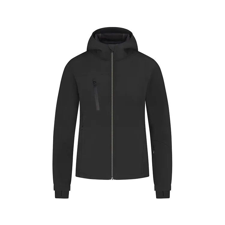 Women’s Hooded Softshell Jacket — Black & Navy — Black, front view