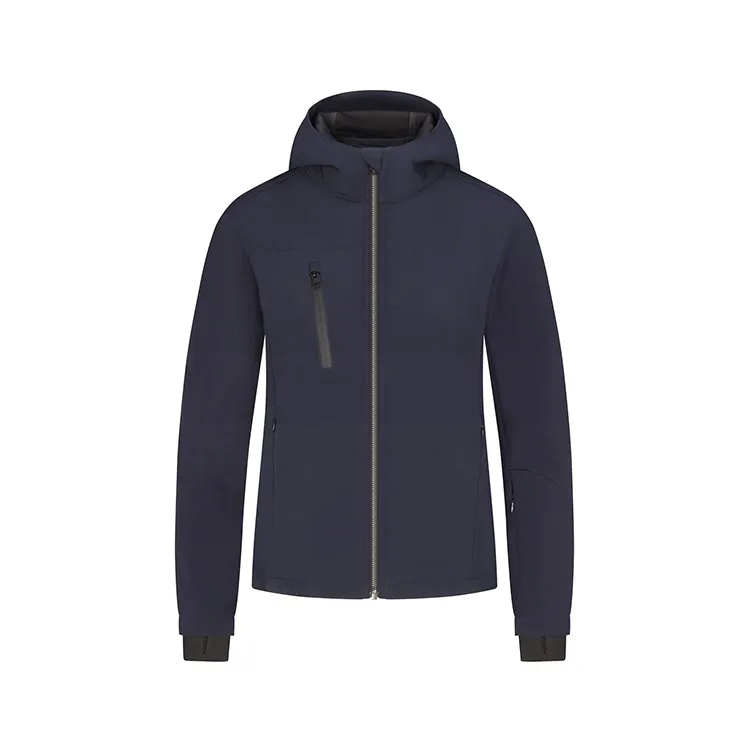 Women’s Hooded Softshell Jacket — Black & Navy — Navy, front view