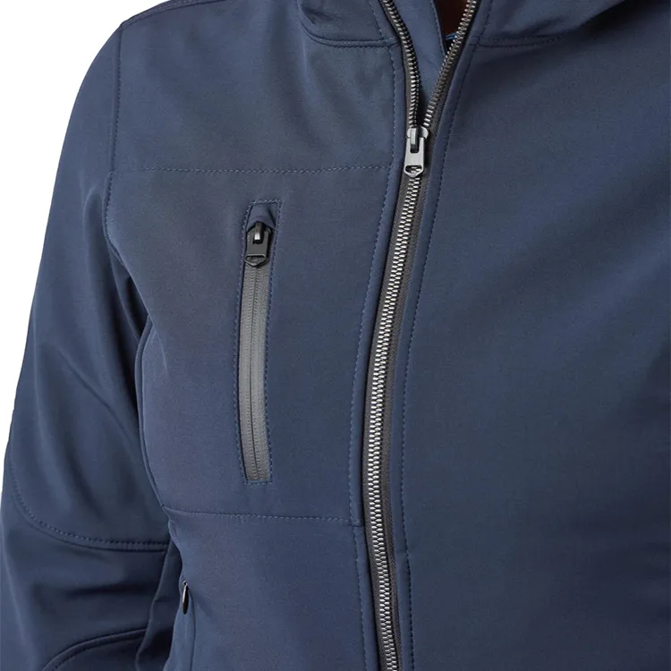 Women’s Hooded Softshell Jacket — Black & Navy — Navy, placket and chest pocket detail