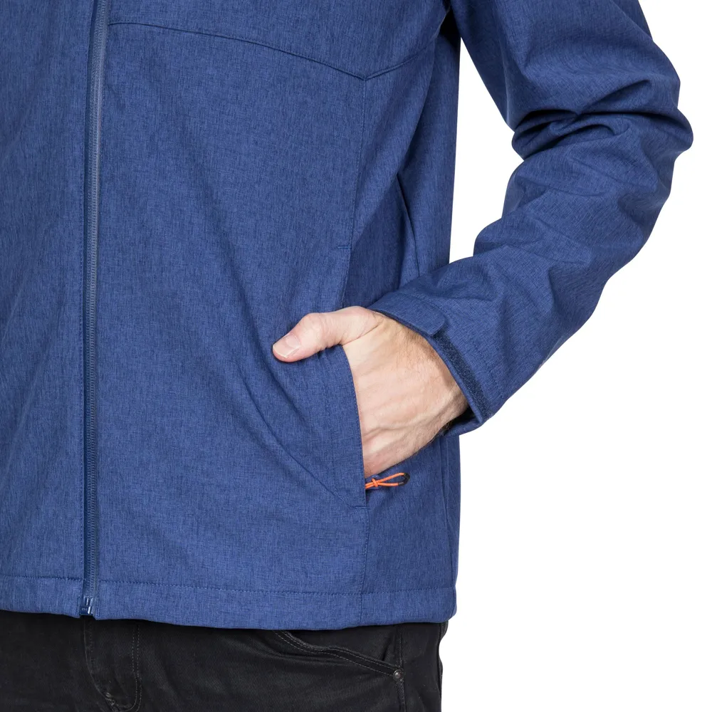 Women’s Hooded Softshell Jacket — Grey & Blue — Blue, hand pocket detail
