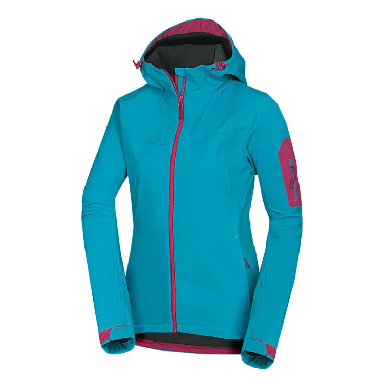 Women’s Hooded Softshell Jacket — Teal & Pink — Teal & Pink, hooded front view