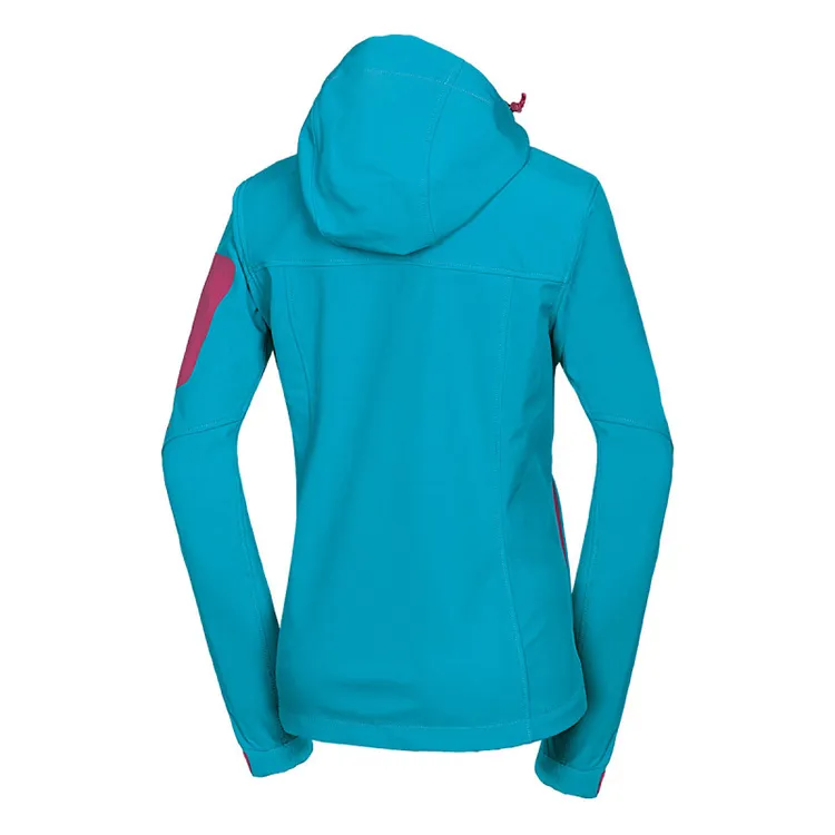 Women’s Hooded Softshell Jacket — Teal & Pink — Teal & Pink, back view, hood up