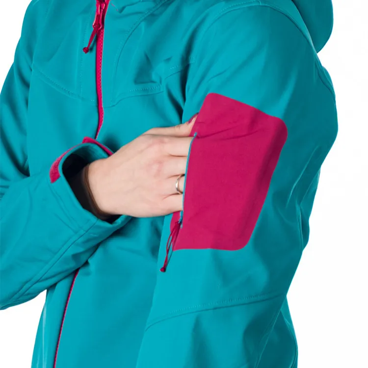 Women’s Hooded Softshell Jacket — Teal & Pink — Teal & Pink, sleeve pocket close-up