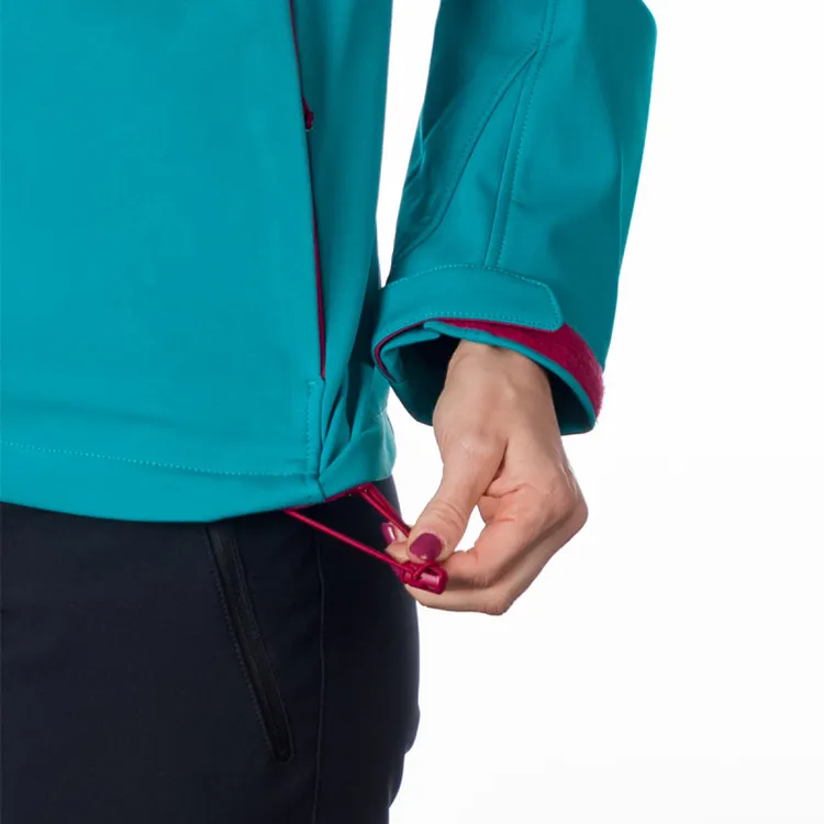 Women’s Hooded Softshell Jacket — Teal & Pink — Teal & Pink, hem close-up