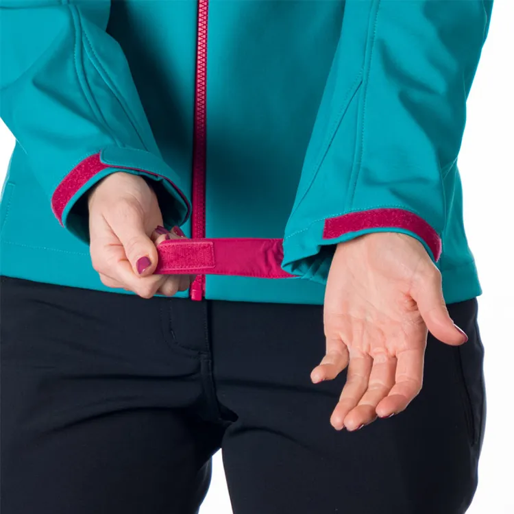 Women’s Hooded Softshell Jacket — Teal & Pink — Teal & Pink, front hem close-up