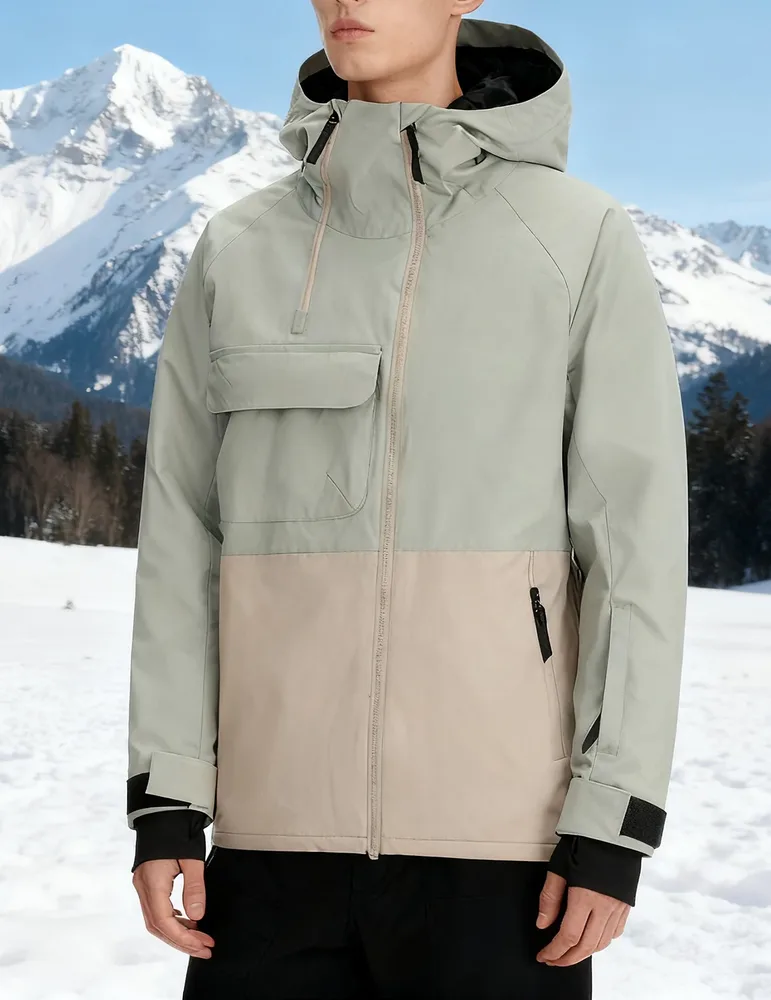 Women's Insulated Ski Jacket — Green & Khaki — Sage Green / Khaki, worn view in snow