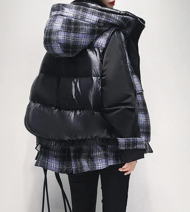 Women's Layered-Look Winter Coat — 1 Colourway — Black & Plaid, worn back view with plaid hood
