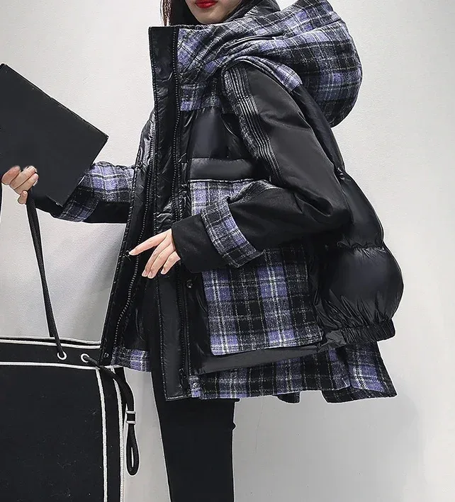 Women's Layered-Look Winter Coat — 1 Colourway — Black & Plaid, worn side view