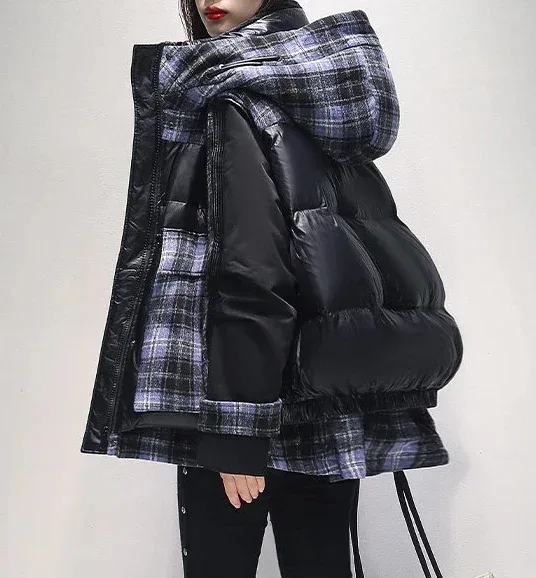 Women's Layered-Look Winter Coat — 1 Colourway — Black & Plaid, worn side and back view
