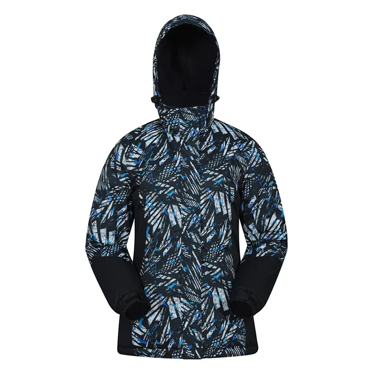 Women’s Leaf Print Ski Jacket — Leaf Print, front view, hood up
