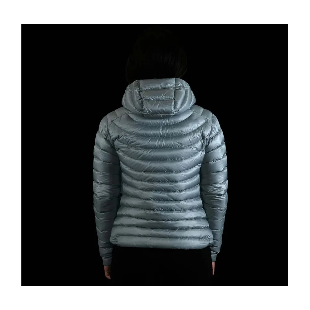 Women’s Lightweight Hooded Jacket — Burgundy, Black & Blue-Grey — Blue-Grey, back view, worn