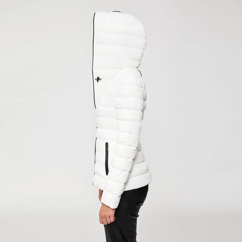 Women's Lightweight Hooded Puffer Jacket — 1 Colourway — White, worn side view with hood up