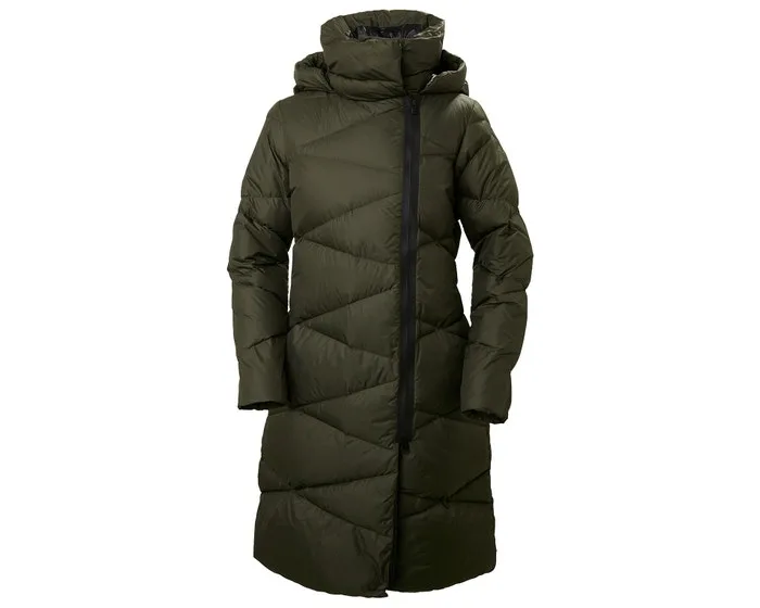 Women’s Long Chevron Puffer Jacket — Olive — Olive, front view