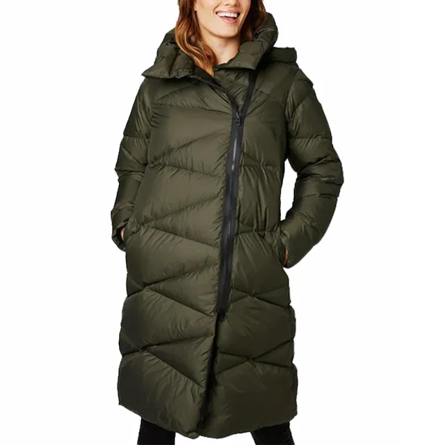 Women’s Long Chevron Puffer Jacket — Olive — Olive, front view, worn