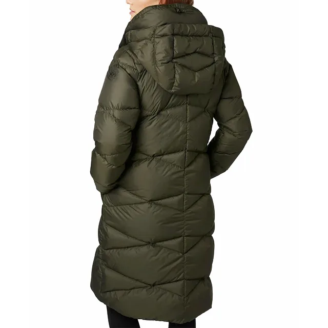Women’s Long Chevron Puffer Jacket — Olive — Olive, back view, worn