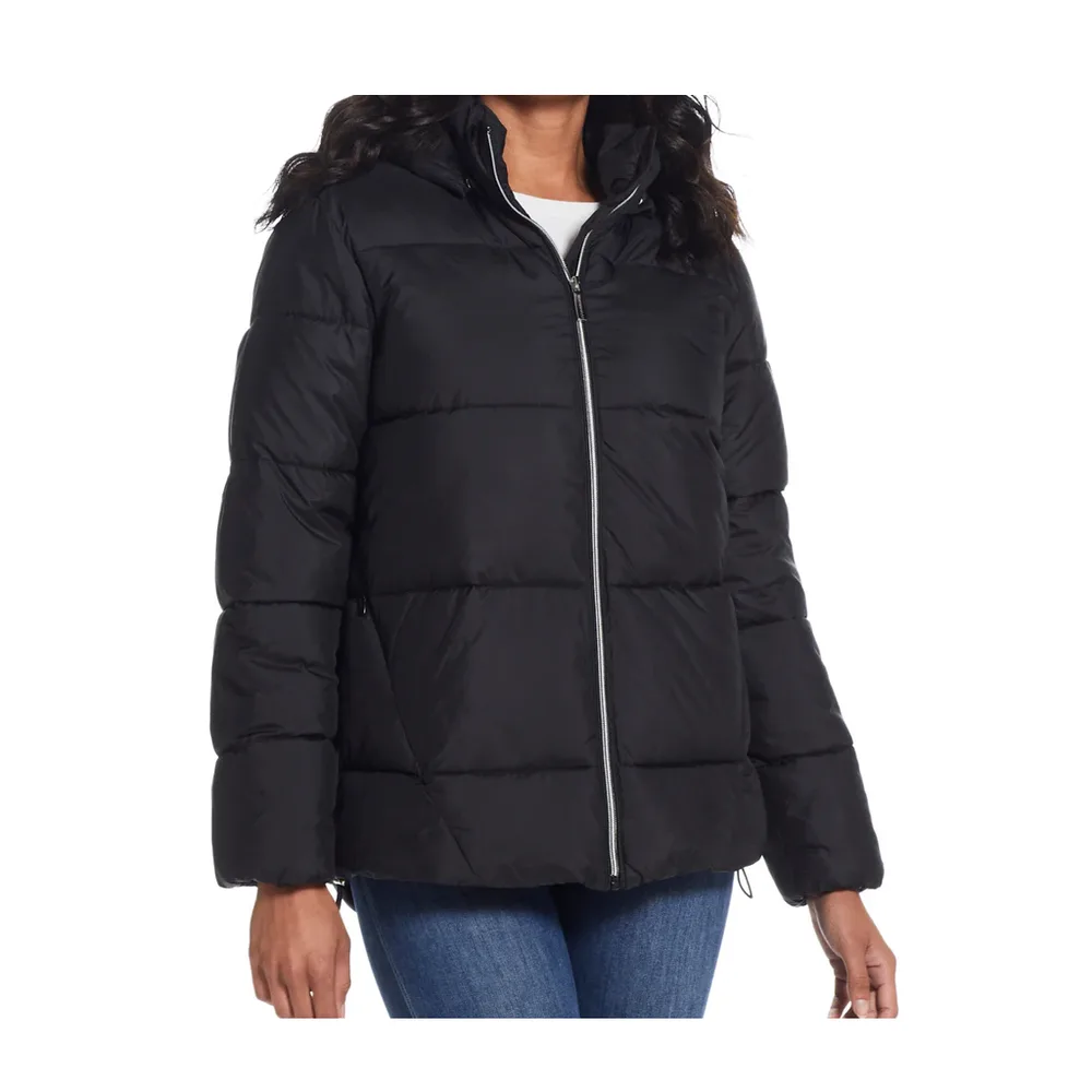 Women’s Long Padded Parka — Black — Black, front view, worn