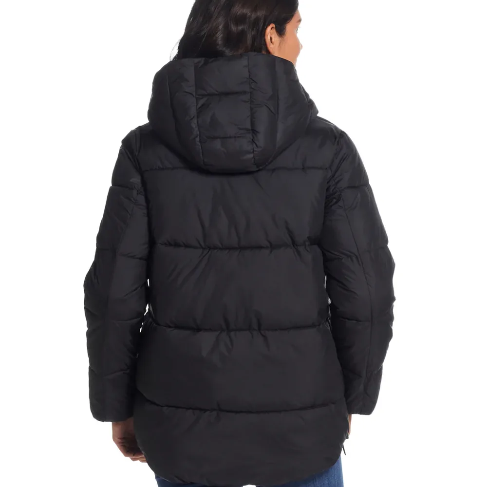 Women’s Long Padded Parka — Black — Black, back view, worn