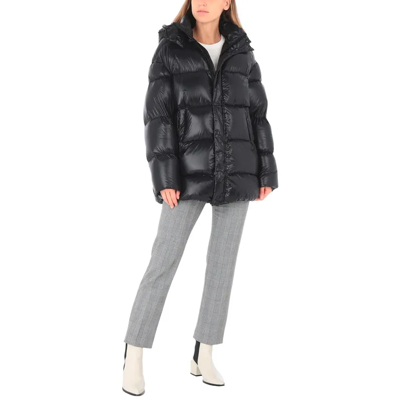 Women's Long Puffer Coat — 1 Colourway — Black, worn front view, full length