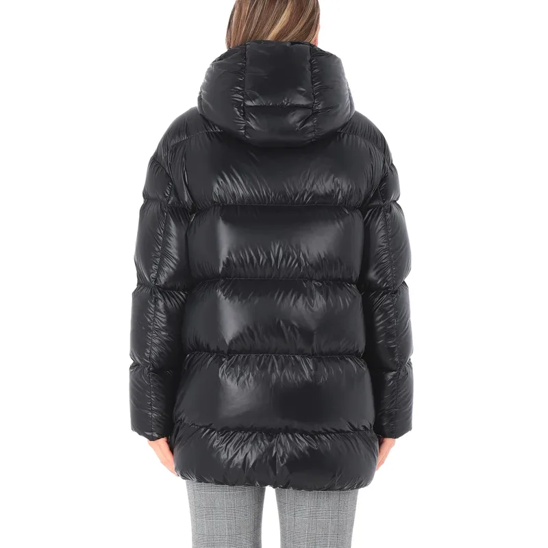 Women's Long Puffer Coat — 1 Colourway — Black, worn back view
