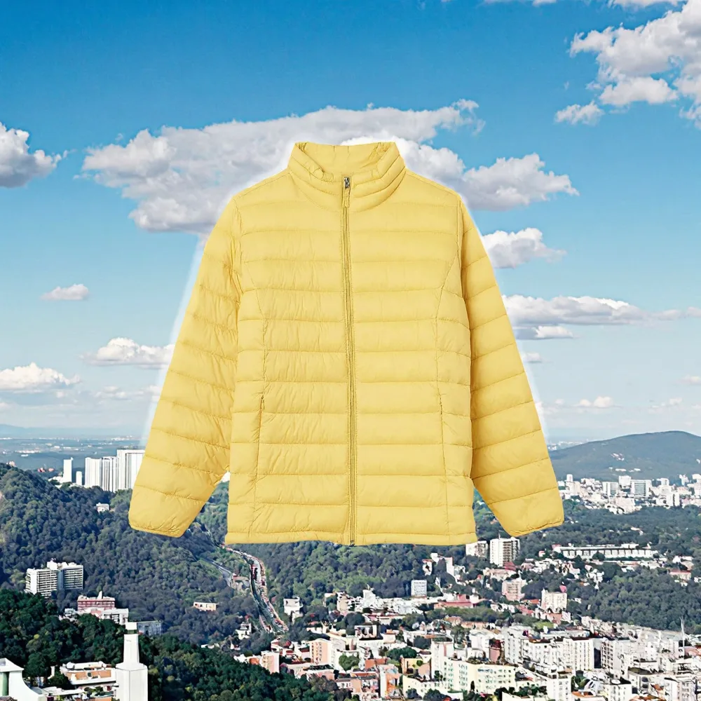 Women’s Long Quilted Puffer Jacket — Yellow — Yellow, front view on a scenic backdrop