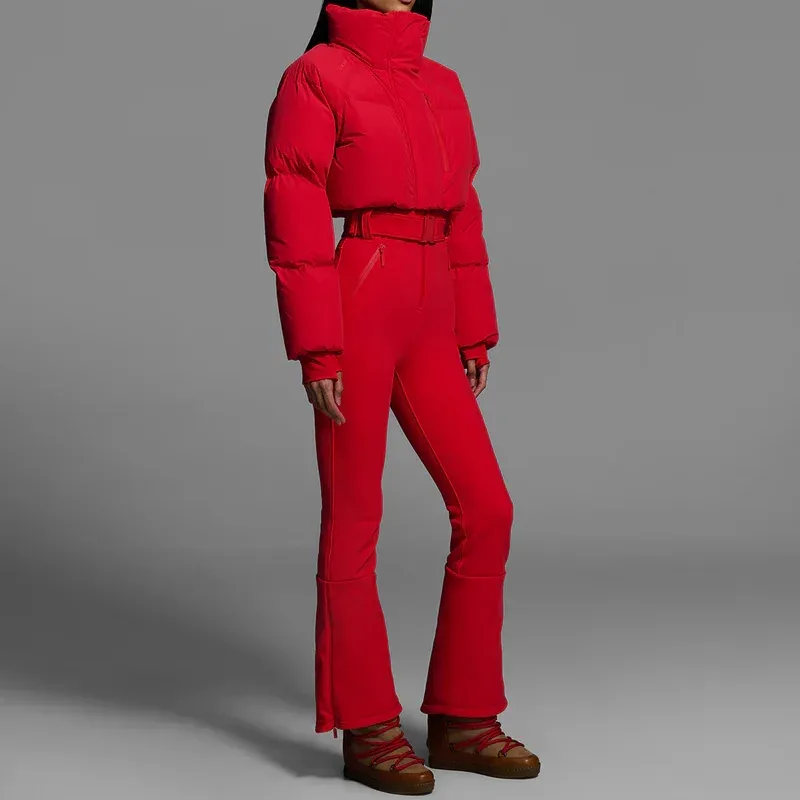 Women's One-Piece Ski Suit — 4 Colourways — Red, worn front-side view
