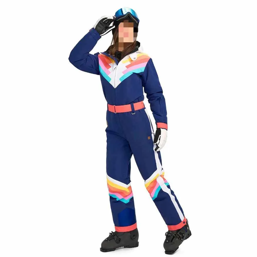Women’s One-Piece Ski Suit — Navy & Rainbow Stripes — Navy & Rainbow Stripes, worn front view