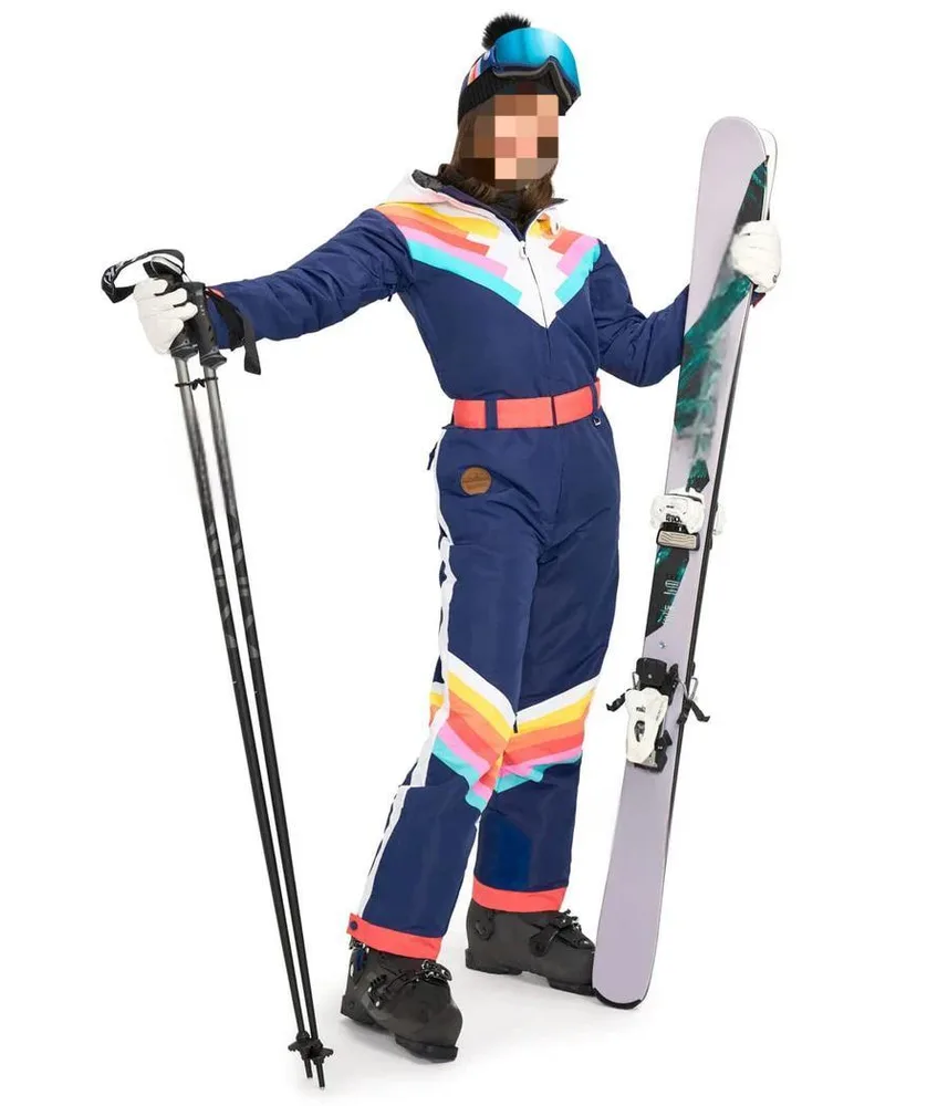 Women’s One-Piece Ski Suit — Navy & Rainbow Stripes — Navy & Rainbow Stripes, front view with skis