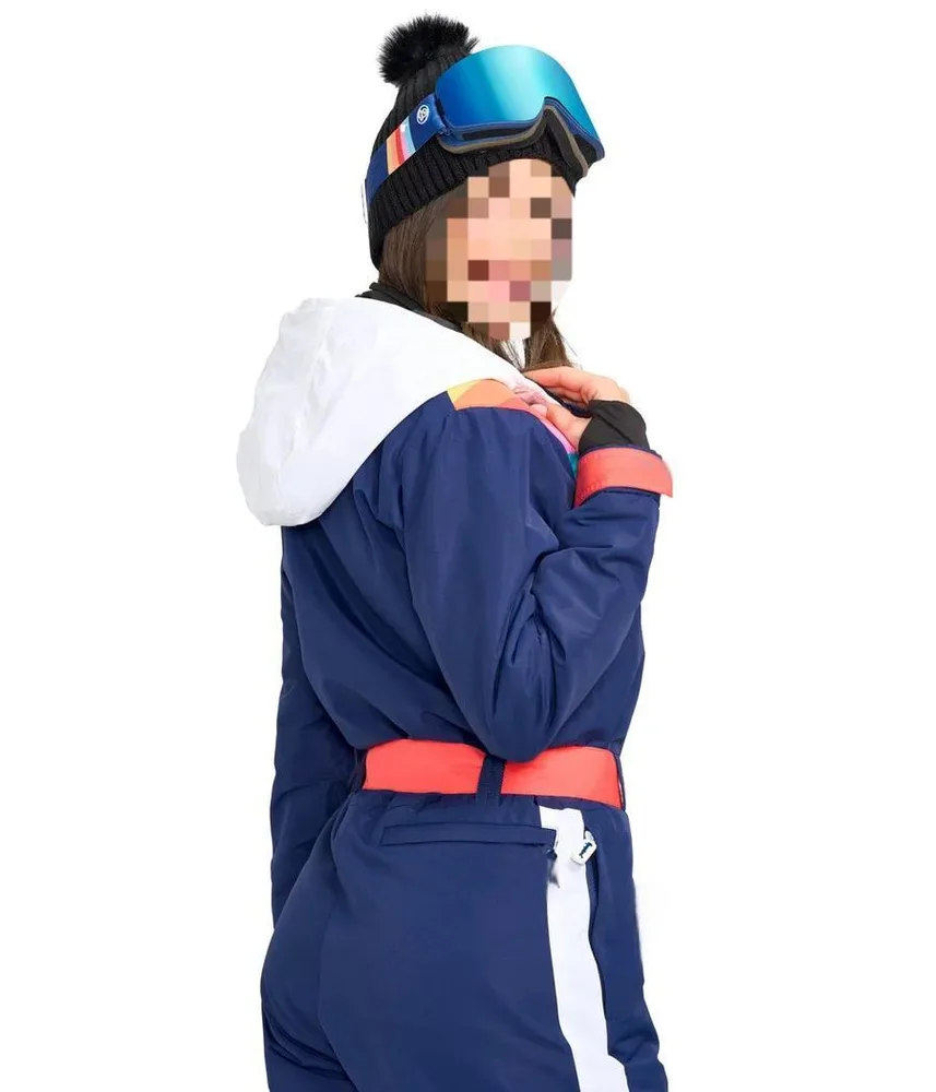 Women’s One-Piece Ski Suit — Navy & Rainbow Stripes — Navy & Rainbow Stripes, back view with hood