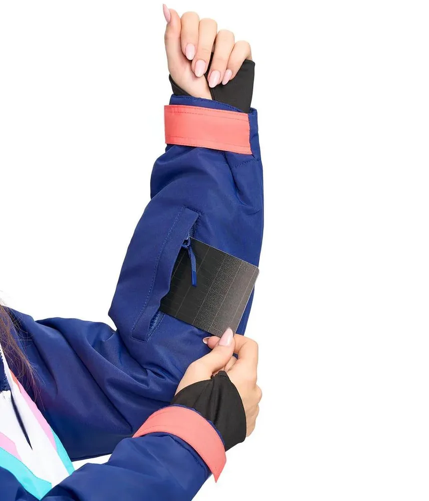 Women’s One-Piece Ski Suit — Navy & Rainbow Stripes — Navy & Rainbow Stripes, sleeve pocket detail