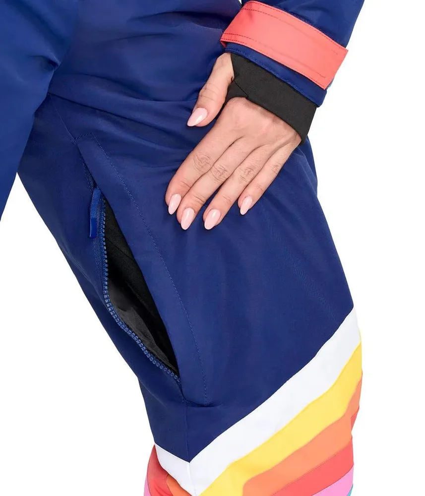 Women’s One-Piece Ski Suit — Navy & Rainbow Stripes — Navy & Rainbow Stripes, leg pocket detail