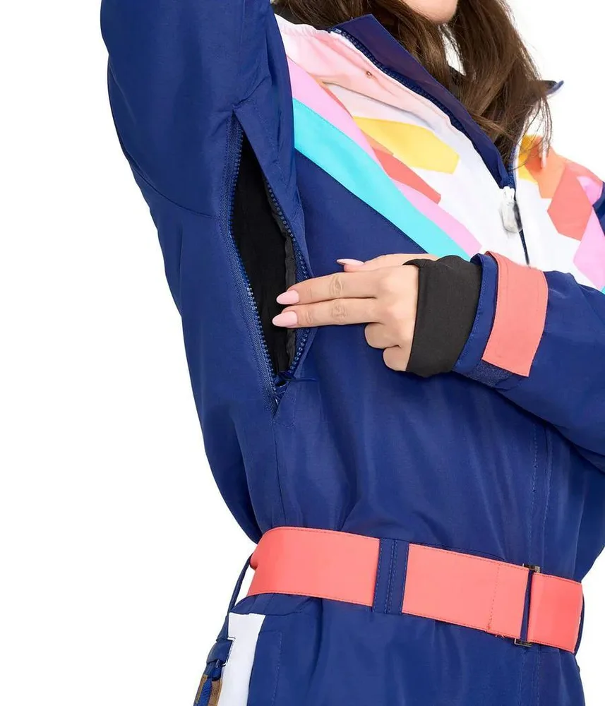 Women’s One-Piece Ski Suit — Navy & Rainbow Stripes — Navy & Rainbow Stripes, underarm vent detail